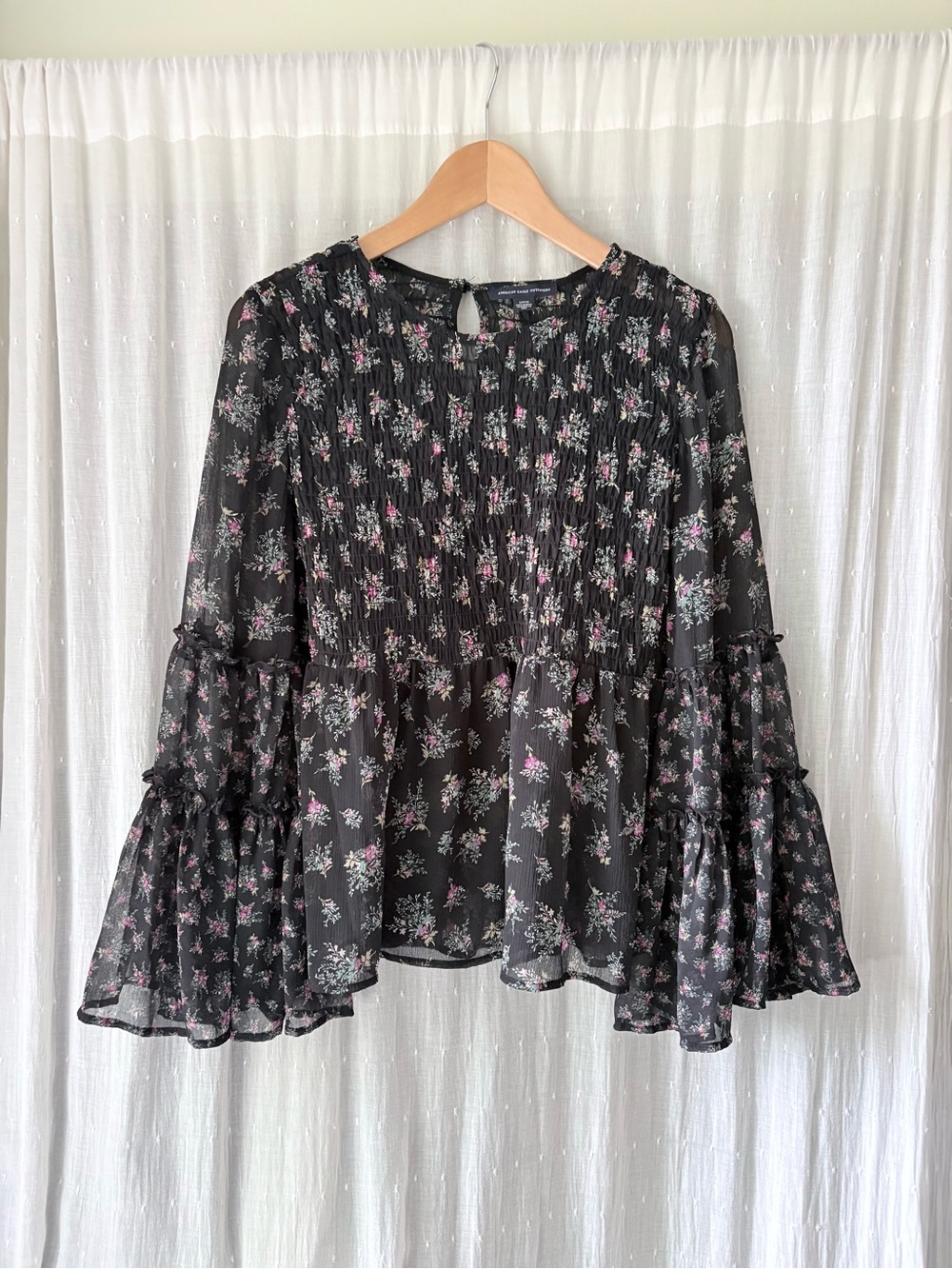 American Eagle Outfitters Sheer Black Floral Smocked Bell-Sleeve Blouse